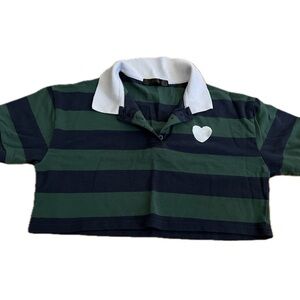 Dark green and blue striped, white collar crop top